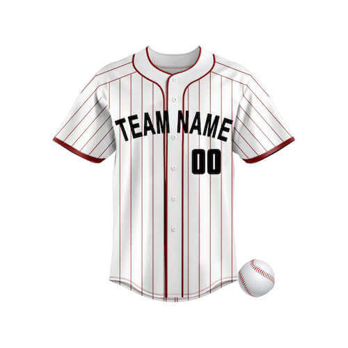 A white baseball jersey with maroon stripes, placed beside a white baseball