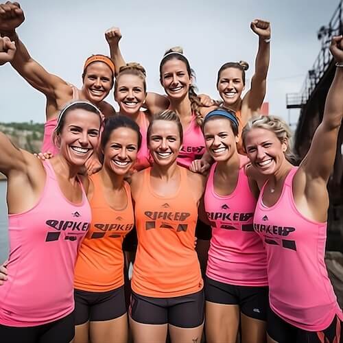 Group of women in pink and orange Ripka sports gear posing together outdoors.