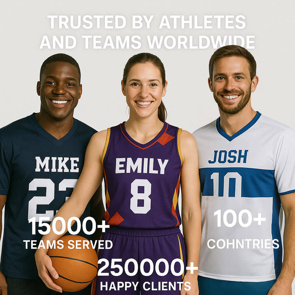 Three athletes wearing sports uniforms stand together, smiling. Overlaid text highlights service to 15,000+ teams, 100+ countries, and 250,000+ happy clients.