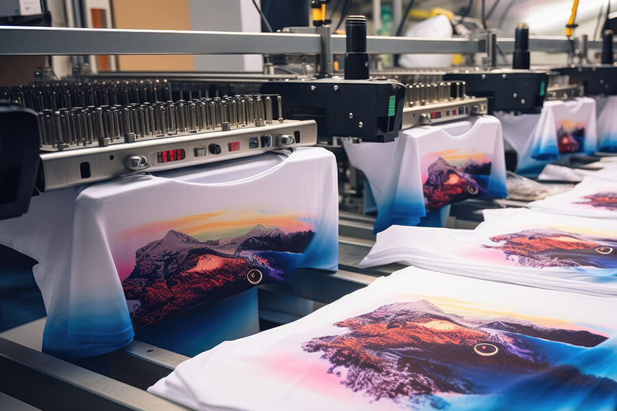 Automated machine printing colorful mountain landscape designs on white T-shirts in a factory setting.