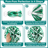 Step-by-step guide to fluffing pom poms: unpack, remove the rubber band, shape strands into a ball, and finalize poms for cheering.