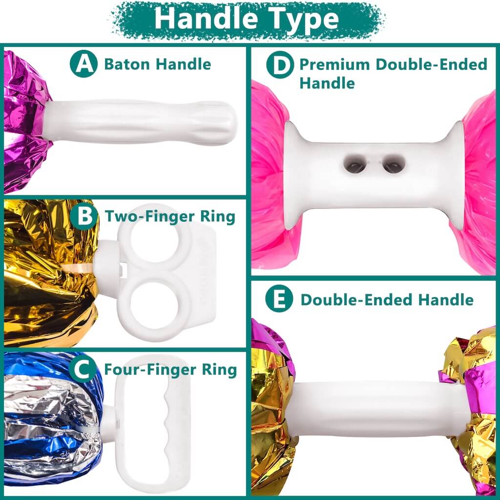 Comparison of four pom-pom handle types: A) Baton Handle, B) Two-Finger Ring, C) Four-Finger Ring, D) Premium Double-Ended Handle, E) Double-Ended Handle.