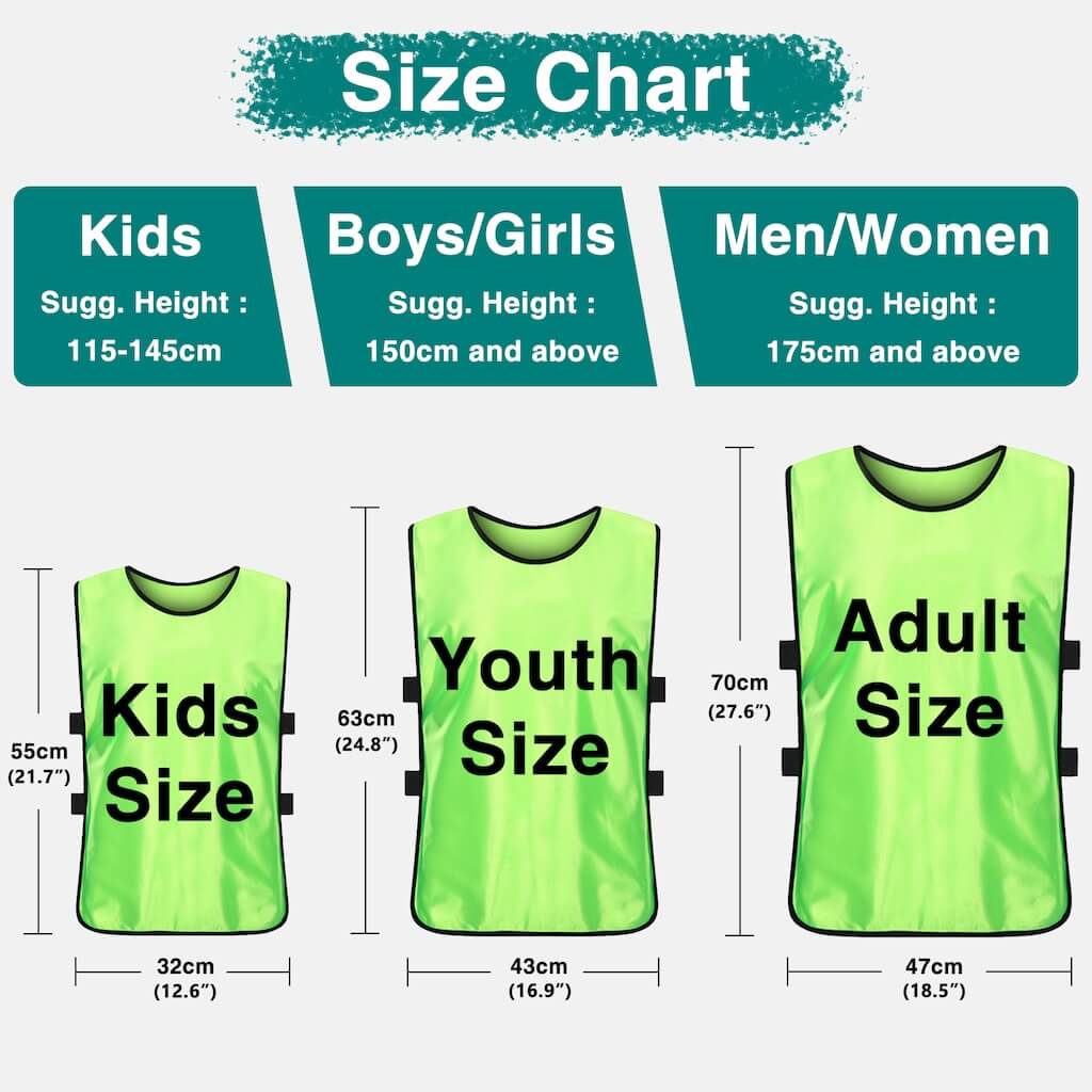 Size chart showing kids, youth, and adult vest dimensions and suggested heights: Kids (115–145cm), Youth (150cm+), Adults (175cm+), with corresponding width and height measurements.