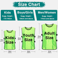 Size chart showing kids, youth, and adult vest dimensions and suggested heights: Kids (115–145cm), Youth (150cm+), Adults (175cm+), with corresponding width and height measurements.