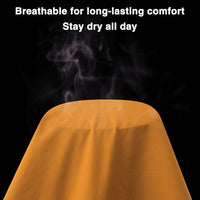 Orange fabric with visible vapor rising, illustrating breathability. White text above reads: "Breathable for long-lasting comfort. Stay dry all day.