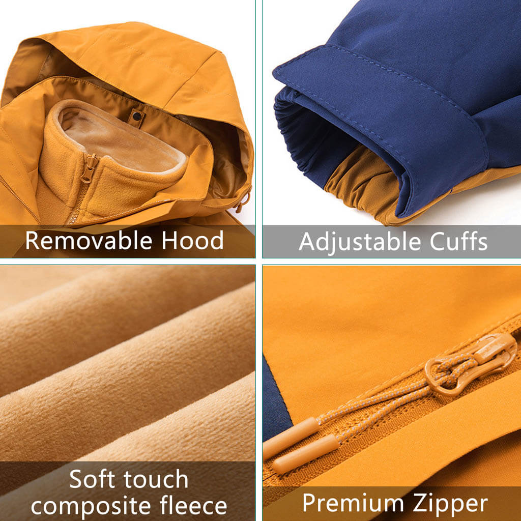 Collage showing a jacket’s removable hood, adjustable cuffs, soft touch composite fleece lining, and a premium zipper in yellow and blue fabrics. Labels highlight each feature.