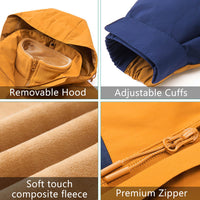 Collage showing a jacket’s removable hood, adjustable cuffs, soft touch composite fleece lining, and a premium zipper in yellow and blue fabrics. Labels highlight each feature.