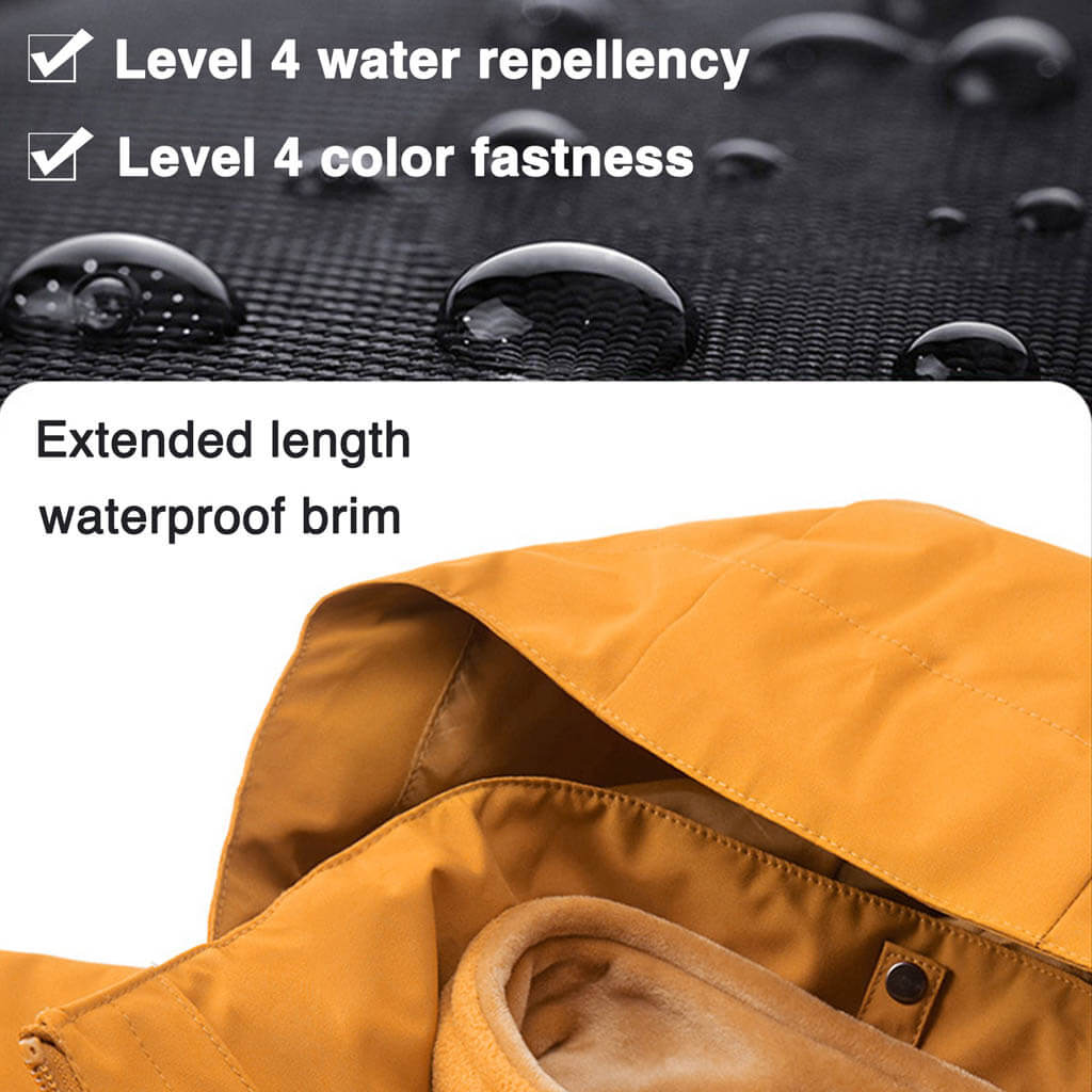 Close-up of a yellow rain jacket with a hood, featuring text highlighting level 4 water repellency, level 4 color fastness, and an extended length waterproof brim.