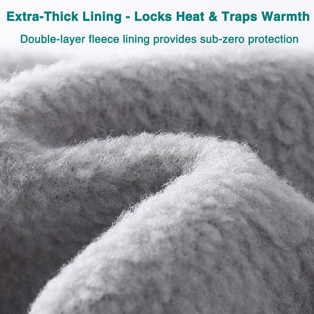 Close-up view of soft, gray double-layer fleece lining with text describing its extra-thick, heat-locking, and sub-zero protection properties.