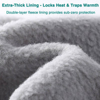 Close-up view of soft, gray double-layer fleece lining with text describing its extra-thick, heat-locking, and sub-zero protection properties.