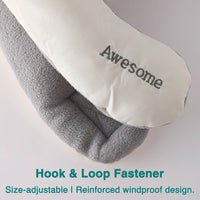 Close-up of a gray and white fabric item with "Awesome" embroidered on it, showing a hook and loop fastener. Text below describes it as size-adjustable and windproof.