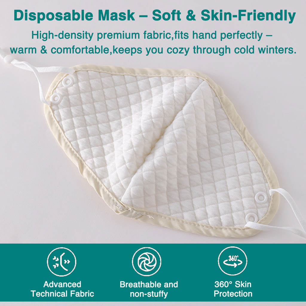 A quilted, white disposable mask with ear loops is displayed on a flat surface. Text highlights its softness, skin-friendliness, and protective features.