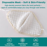 A quilted, white disposable mask with ear loops is displayed on a flat surface. Text highlights its softness, skin-friendliness, and protective features.