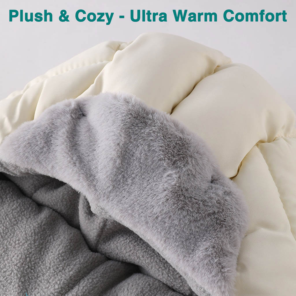 Close-up of a cream-colored quilt with a soft, gray plush lining. Text above reads "Plush & Cozy - Ultra Warm Comfort.