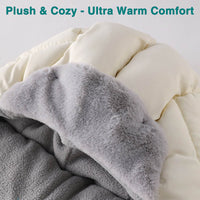 Close-up of a cream-colored quilt with a soft, gray plush lining. Text above reads "Plush & Cozy - Ultra Warm Comfort.