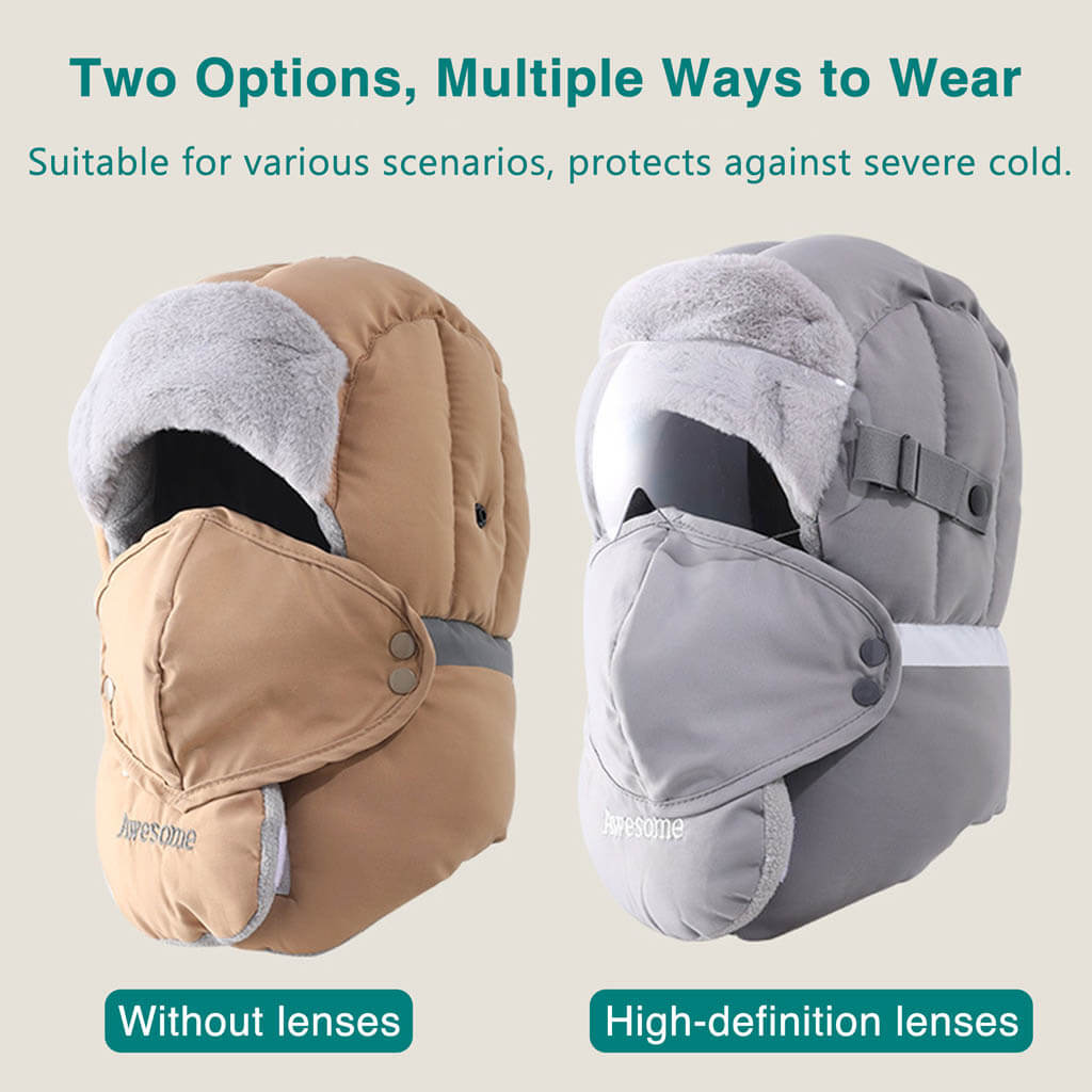 Two winter hats with face covers are shown: one in tan without lenses, and one in gray with clear face shield, both designed for cold weather protection.
