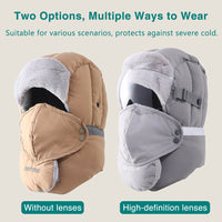 Two winter hats with face covers are shown: one in tan without lenses, and one in gray with clear face shield, both designed for cold weather protection.