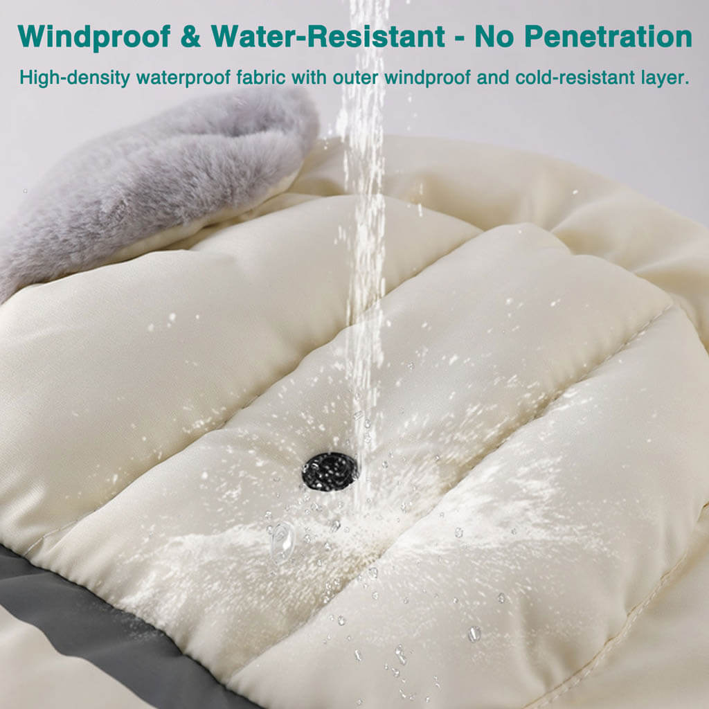 Water is being poured onto a cream-colored padded fabric with a button, demonstrating its windproof and water-resistant properties. Text above describes the material’s features.