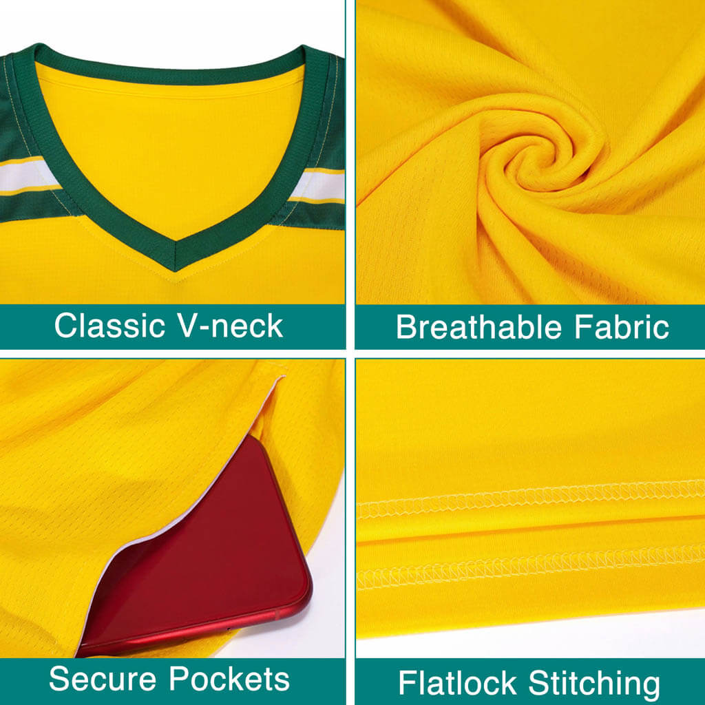 Yellow shirt with text highlighting classic V-neck, breathable fabric, secure pockets, and flatlock stitching.