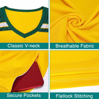 Yellow shirt with text highlighting classic V-neck, breathable fabric, secure pockets, and flatlock stitching.