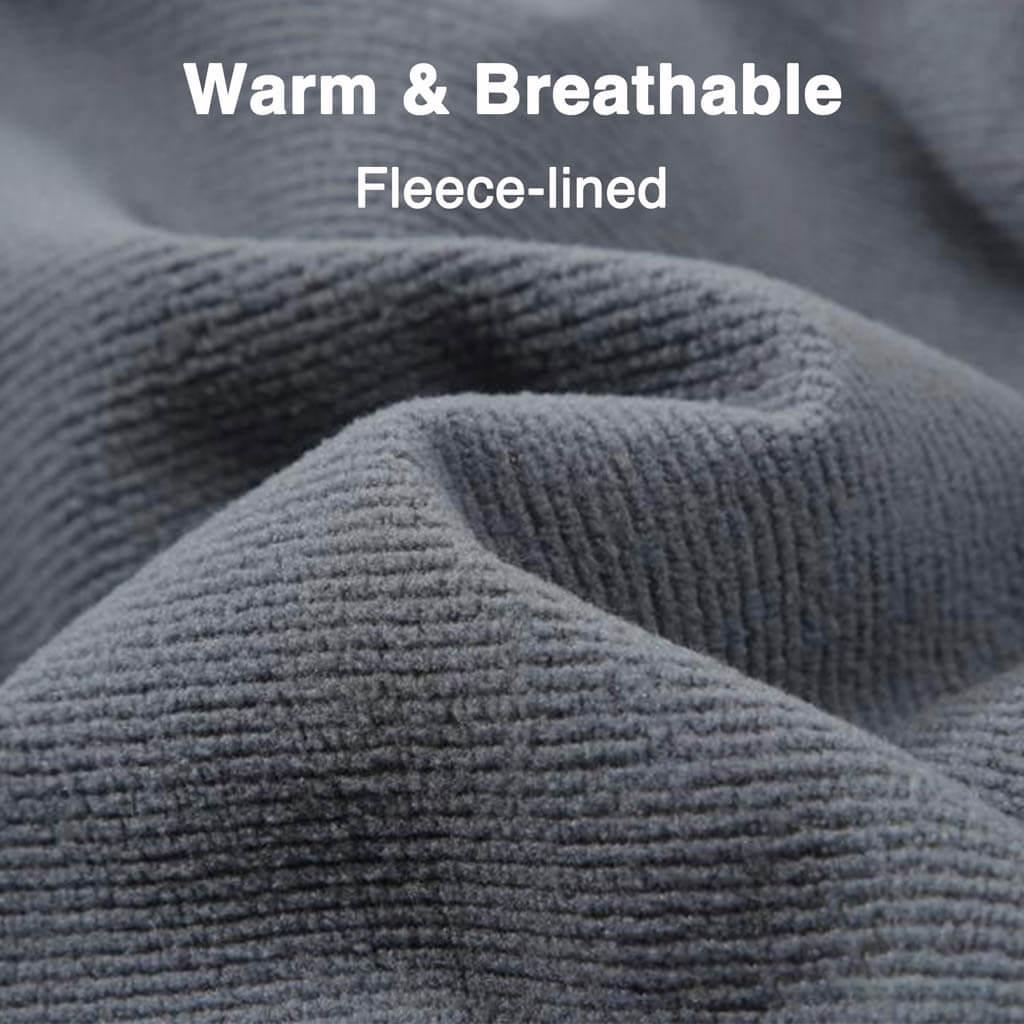 Close-up of gray, ribbed fleece fabric with the words "Warm & Breathable" and "Fleece-lined" in white text above it.