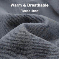 Close-up of gray, ribbed fleece fabric with the words "Warm & Breathable" and "Fleece-lined" in white text above it.