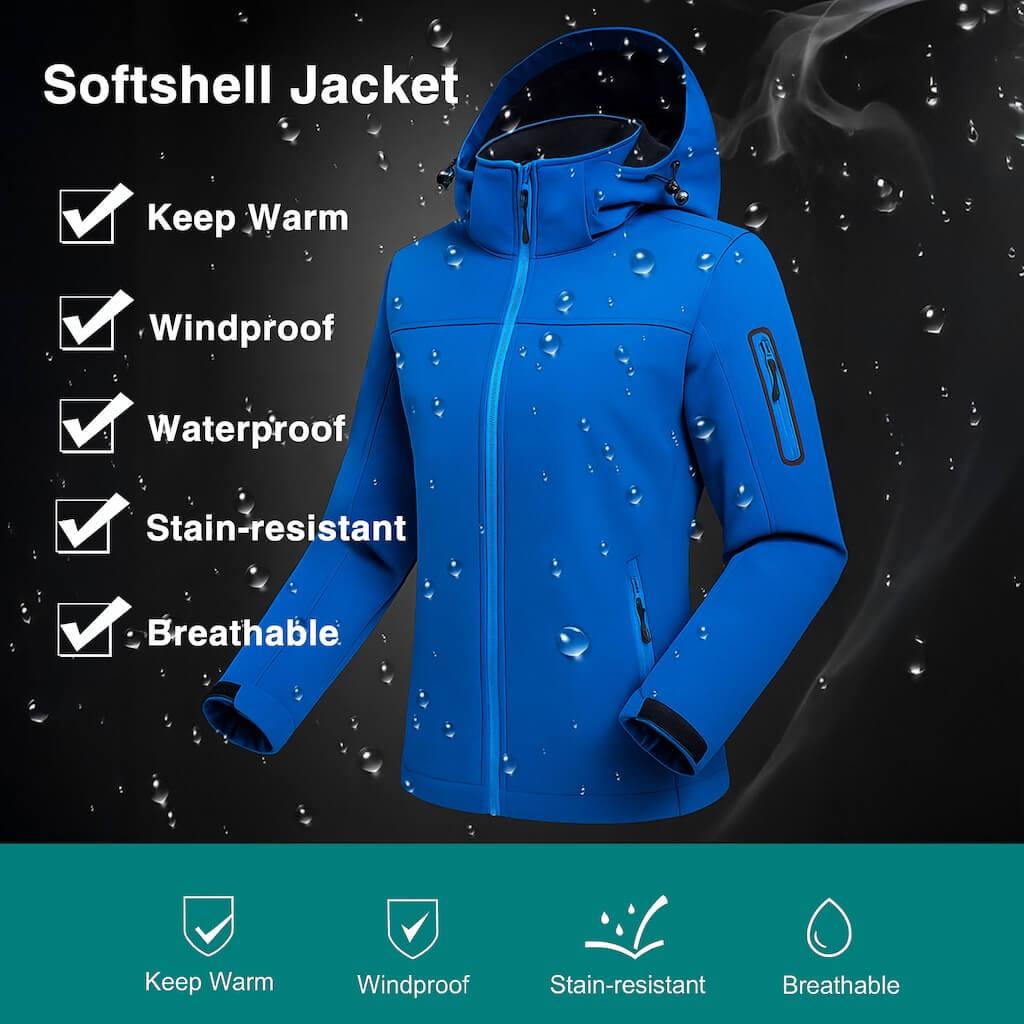 Blue softshell jacket with water droplets, showcasing features: keep warm, windproof, waterproof, stain-resistant, and breathable, against a dark background.
