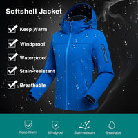 Blue softshell jacket with water droplets, showcasing features: keep warm, windproof, waterproof, stain-resistant, and breathable, against a dark background.