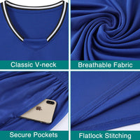 Blue shirt with text highlighting features like classic V-neck, breathable fabric, secure pockets, and flatlock stitching.