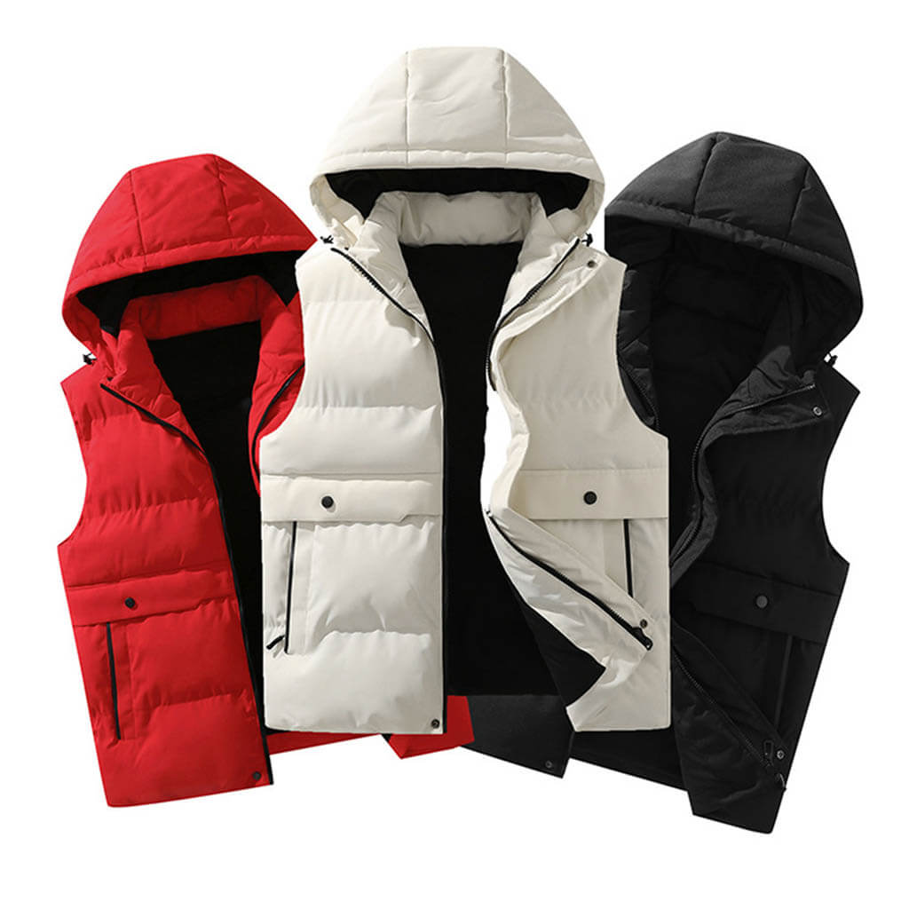 Three hooded puffer vests in red, white, and black are displayed side by side on a white background. Each vest has front pockets and a zipper.