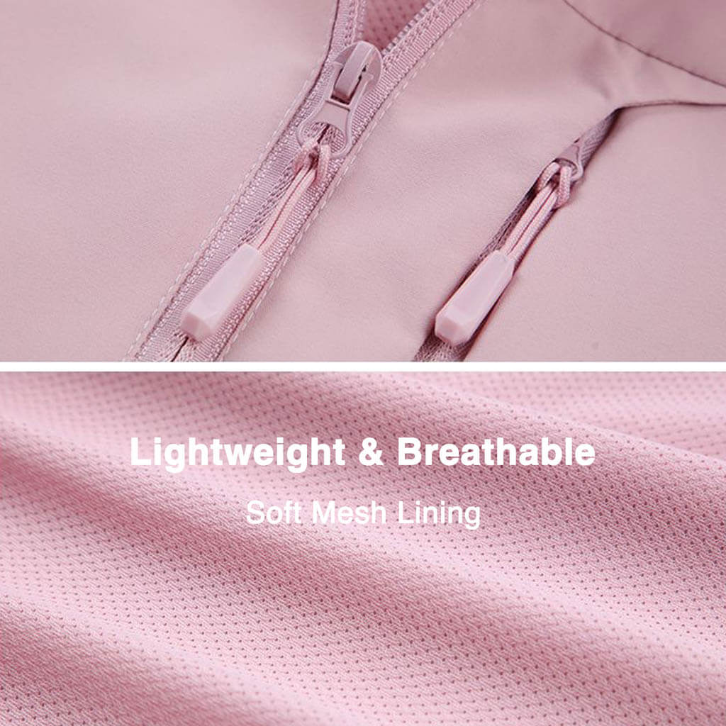 Close-up image of a light pink jacket zipper and mesh fabric, with text stating "Lightweight & Breathable, Soft Mesh Lining.