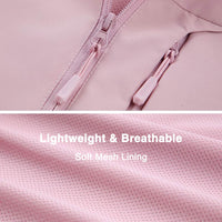 Close-up image of a light pink jacket zipper and mesh fabric, with text stating "Lightweight & Breathable, Soft Mesh Lining.