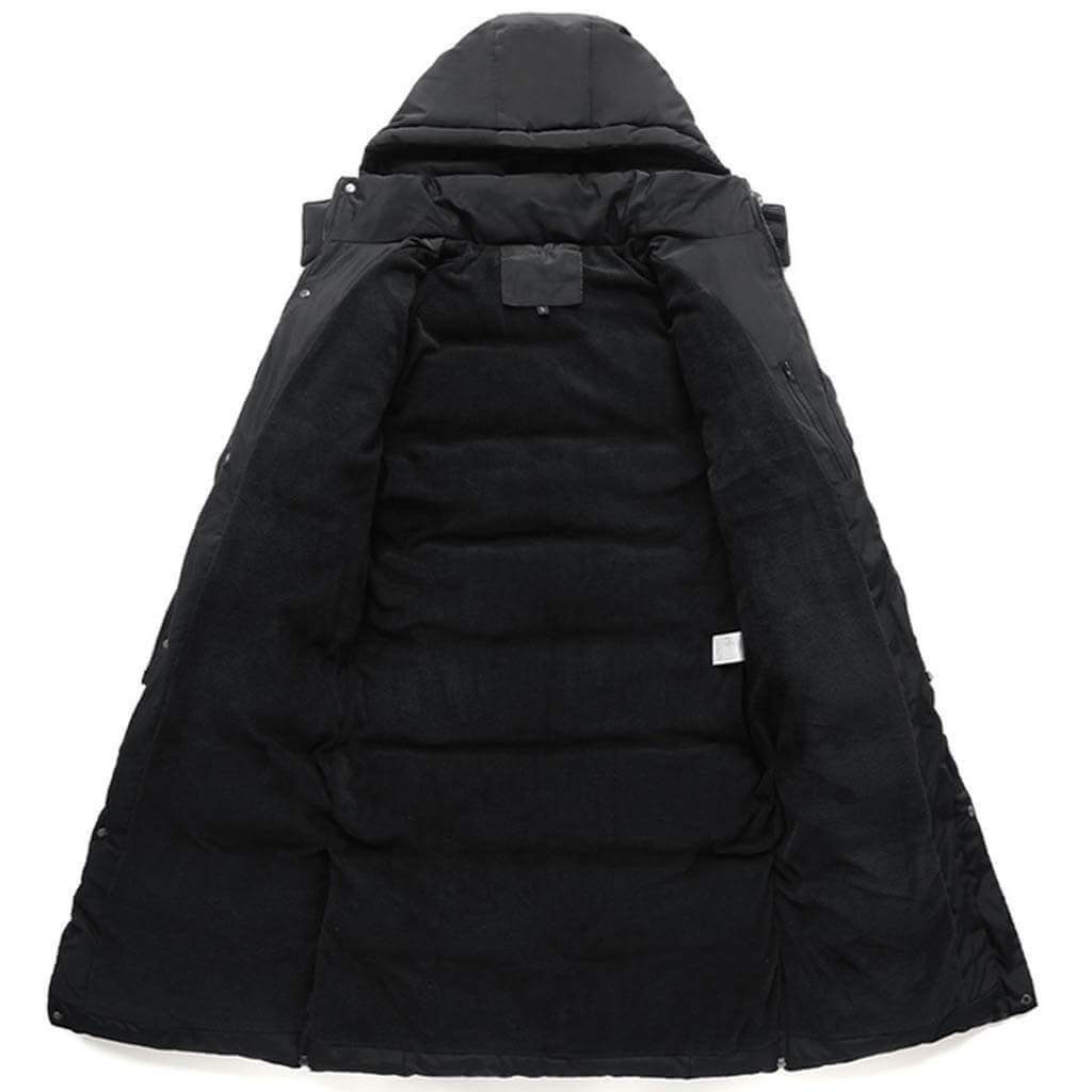 A black, hooded winter coat is shown laid flat and open, displaying its quilted, padded interior lining.