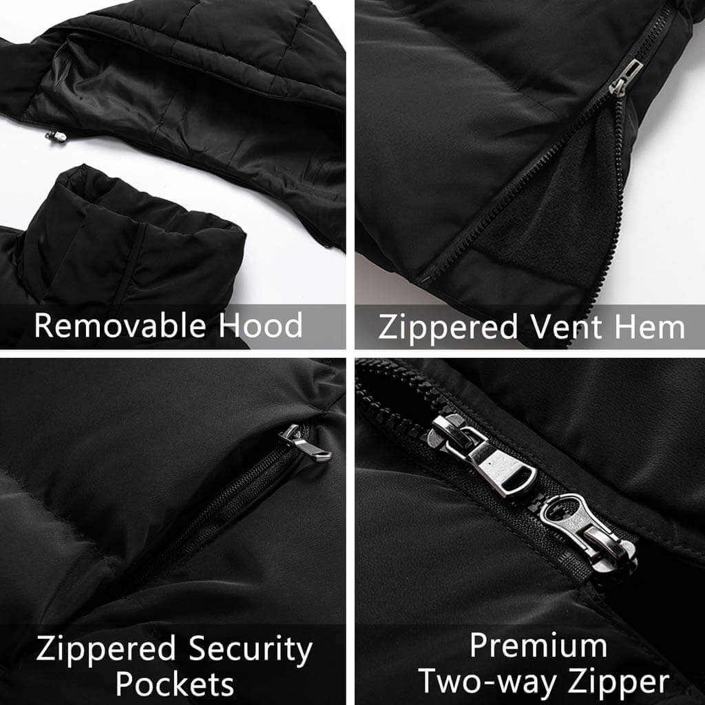 Four close-up images show features of a black jacket: removable hood, zippered vent hem, zippered security pockets, and a premium two-way zipper.