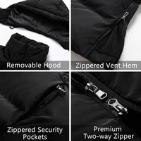 Four close-up images show features of a black jacket: removable hood, zippered vent hem, zippered security pockets, and a premium two-way zipper.