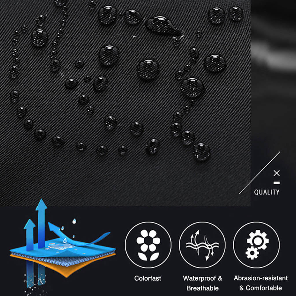 Water droplets bead on a dark, textured fabric surface, indicating its waterproof property; icons below highlight colorfast, waterproof, breathable, and abrasion-resistant features.