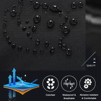 Water droplets bead on a dark, textured fabric surface, indicating its waterproof property; icons below highlight colorfast, waterproof, breathable, and abrasion-resistant features.