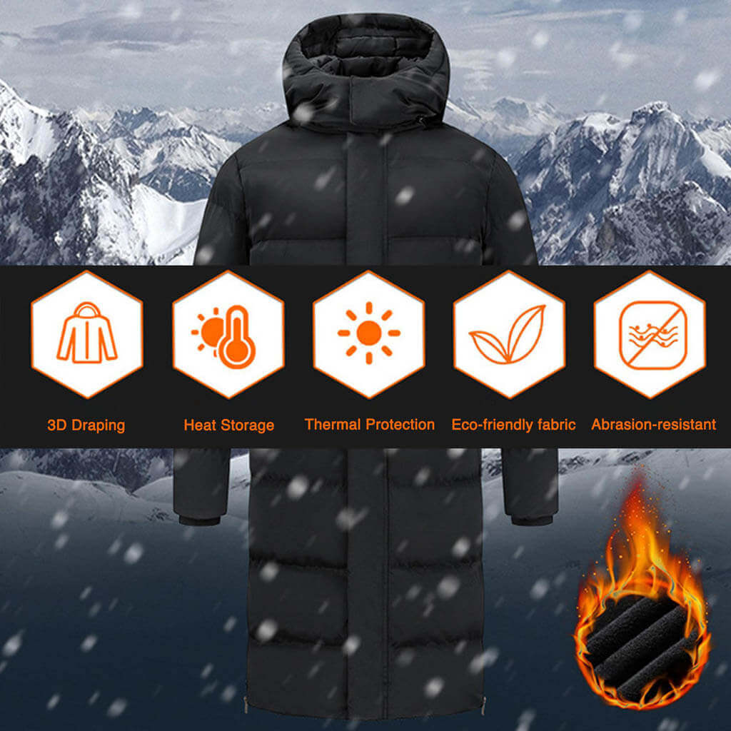 A black winter parka is displayed against a snowy mountain background, highlighting its 3D draping, heat storage, thermal protection, eco-friendly fabric, and abrasion resistance.