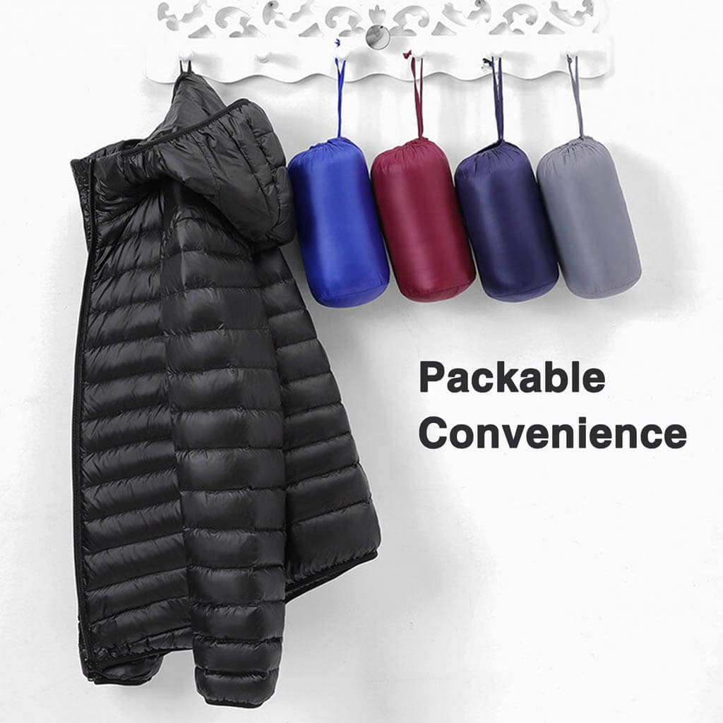 Black puffer jacket hanging on a white rack next to four colorful packed pouches with the text "Packable Convenience" beside them.