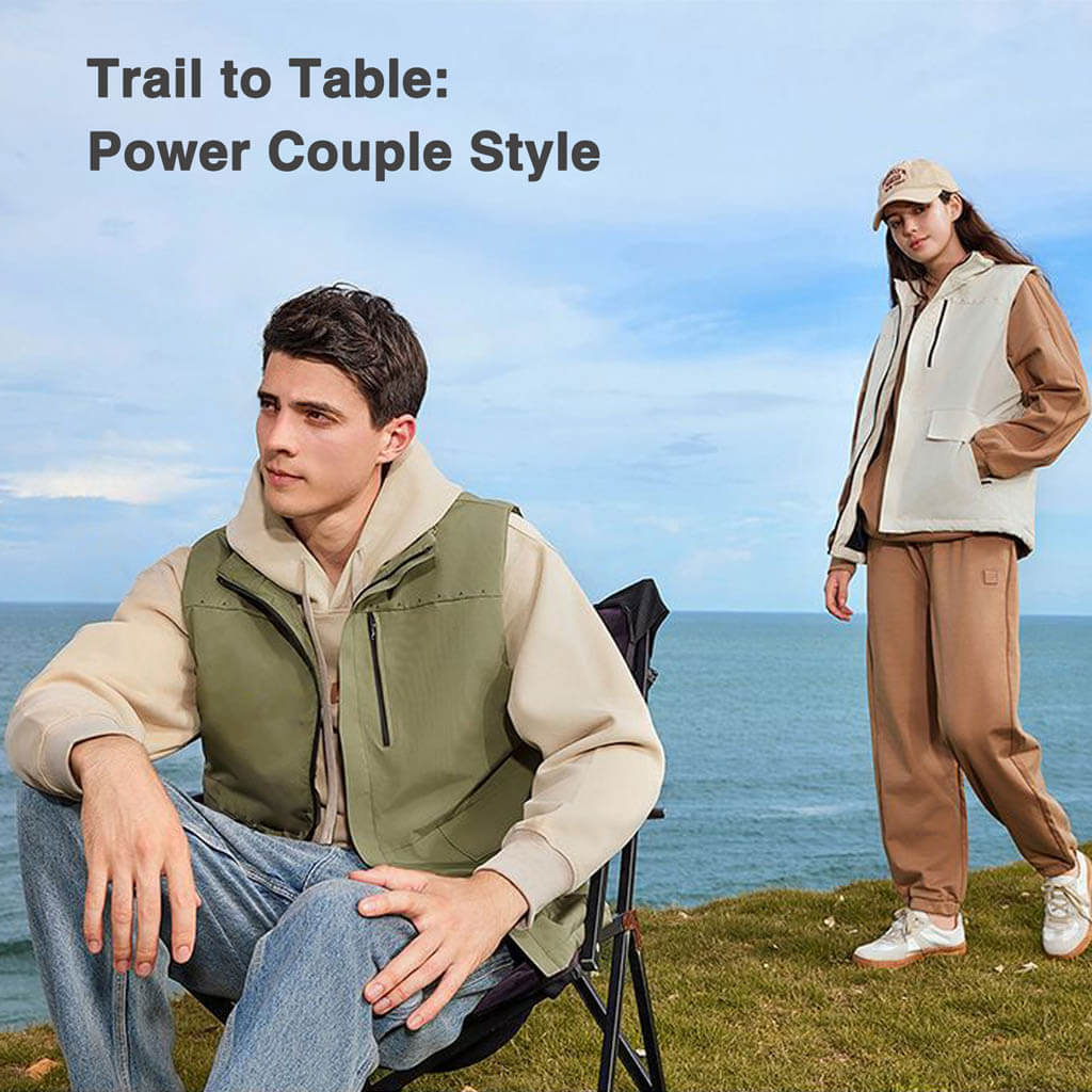 Custom men’s water-resistant duck down vest with stand collar, shown in a stylish couple look — lightweight, warm, and ideal for outdoor or casual wear.