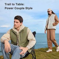 Custom men’s water-resistant duck down vest with stand collar, shown in a stylish couple look — lightweight, warm, and ideal for outdoor or casual wear.