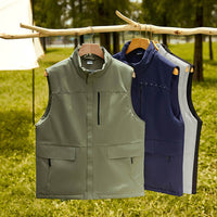 Custom men’s water-resistant duck down vest with stand collar, available in trendy colors — stylish, warm, and perfect for modern outdoor or casual wear.