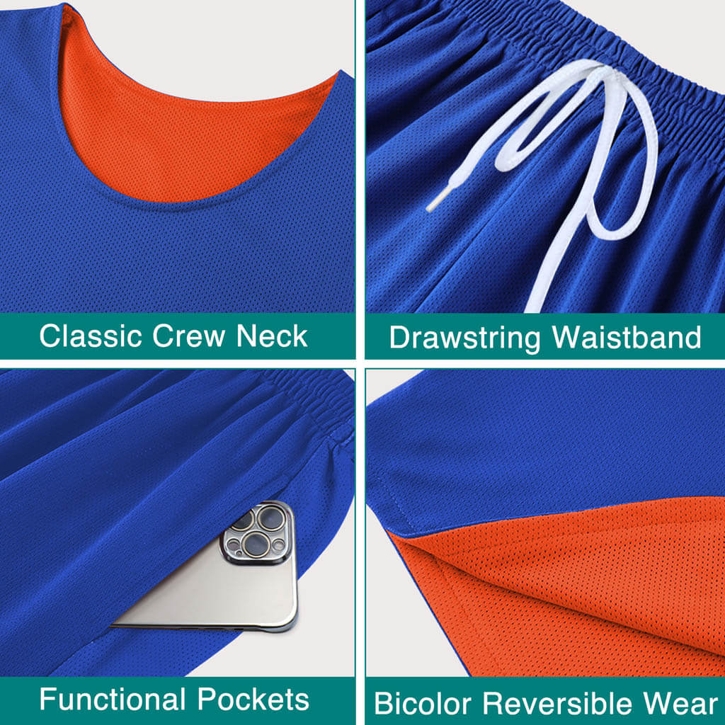 Collage of blue and orange athletic shirt with features labeled.