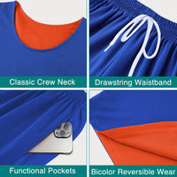 Collage of blue and orange athletic shirt with features labeled.