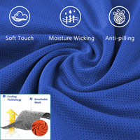 Blue fabric with text labels for soft touch, moisture wicking, and anti-pilling on a blue background.