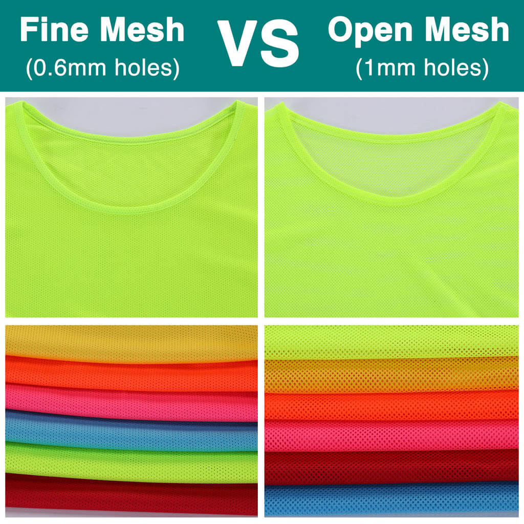 Comparison of fine mesh (0.6mm holes) and open mesh (1mm holes) fabric in neon yellow, shown in close-up and with various color swatches beneath each type.