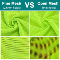 Comparison of fine mesh fabric with 0.6mm holes and open mesh fabric with 1mm holes, shown in close-up and swirled views.