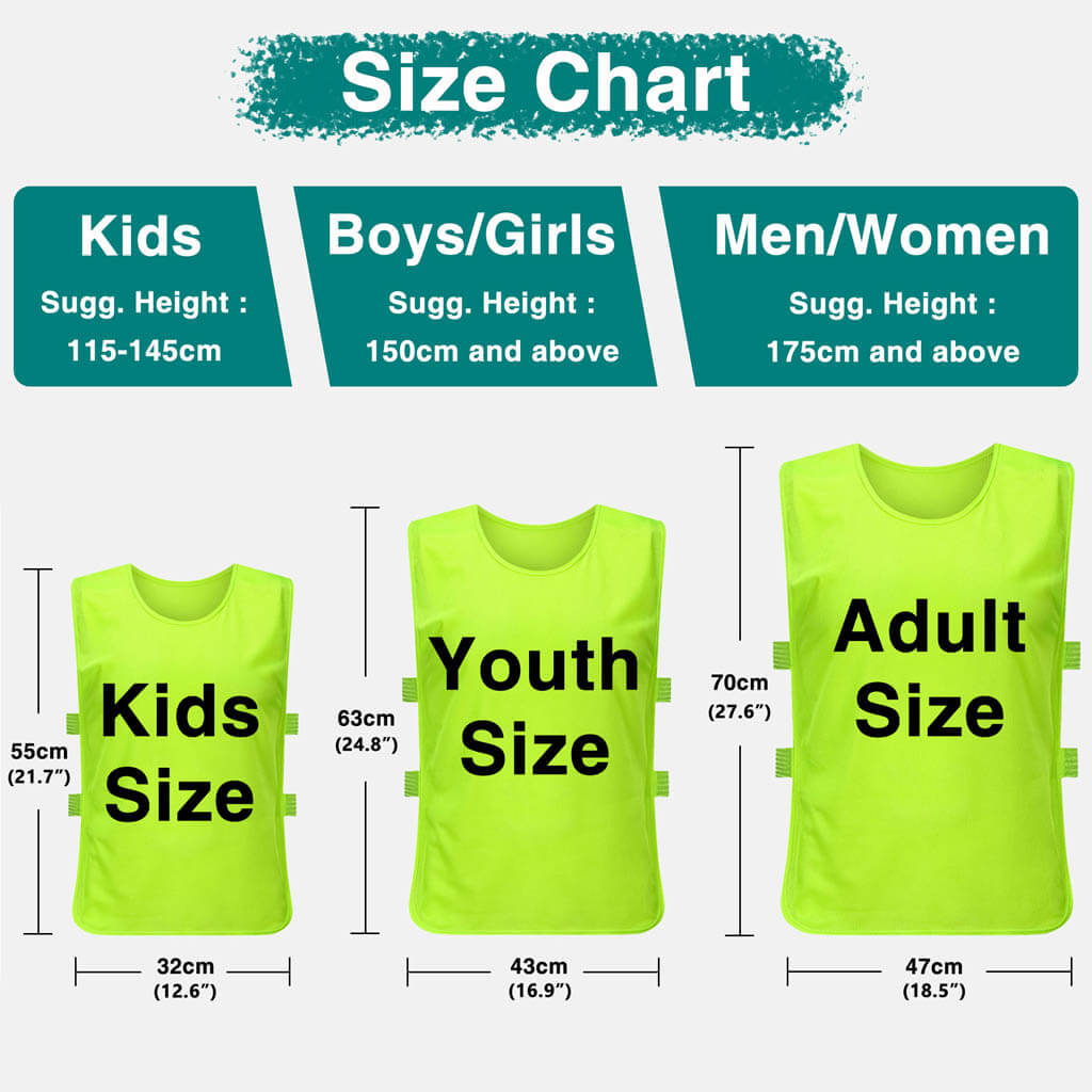 Size chart with three neon yellow vests labeled Kids Size, Youth Size, and Adult Size, each with height and width dimensions and suggested heights for each group.