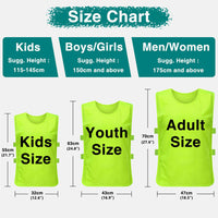 Size chart with three neon yellow vests labeled Kids Size, Youth Size, and Adult Size, each with height and width dimensions and suggested heights for each group.