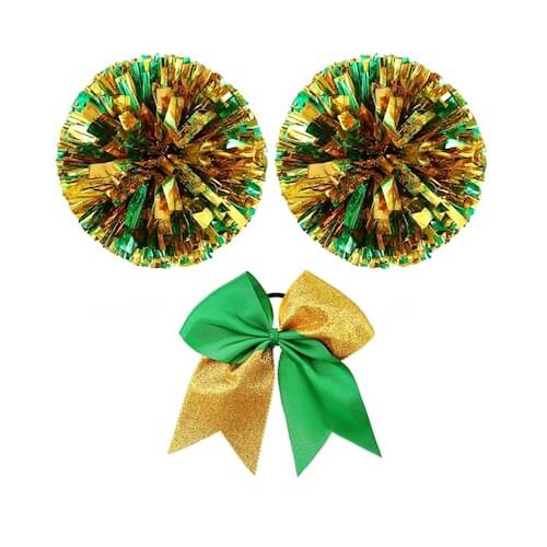 Two metallic green and gold pom-poms above a large green and gold bow, displayed on a white background.